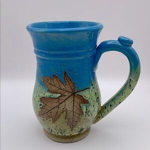 Handmade, Sweet Tea Pottery, Studio Art, Handle Mug, Maple Leaf, Turquoise/Green